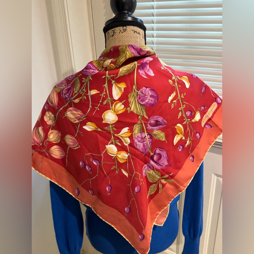 Salvatore Ferragamo Red and Purple Floral Silk Scarf approximately 34” X 34”